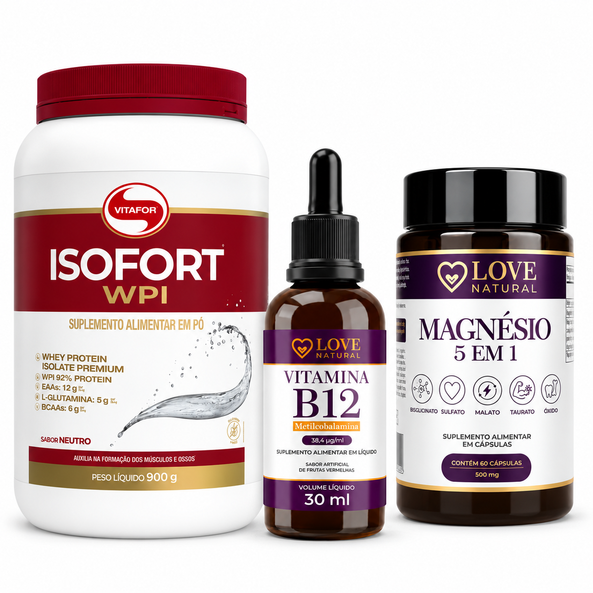 Combo Vitalidade – Whey Isolado + Magnésio 5 em 1 + Vitamina B12 + Vitamina D3 GRÁTIS