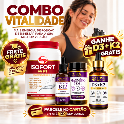 Combo Vitalidade – Whey Isolado + Magnésio 5 em 1 + Vitamina B12 + Vitamina D3 GRÁTIS