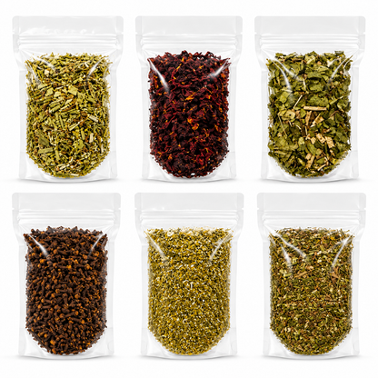 Kit 6 Ervas para Chás - Camomila, Espinheira Santa, Hibisco, Chá de Cavalinha, Chá verde e Cravo.