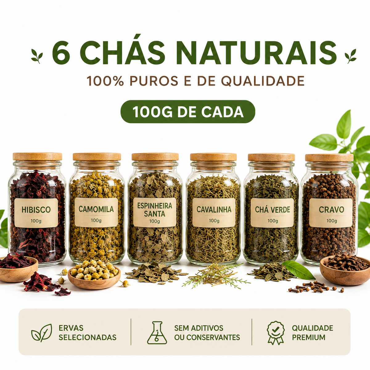 Kit 6 Ervas para Chás - Camomila, Espinheira Santa, Hibisco, Chá de Cavalinha, Chá verde e Cravo.