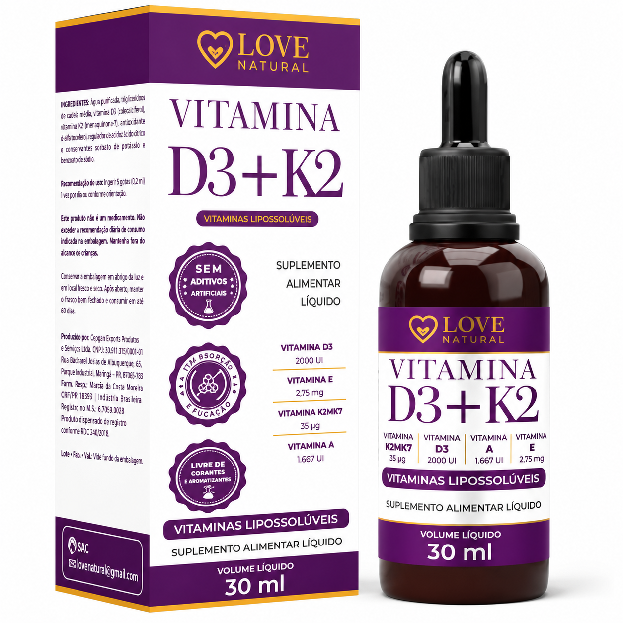 Vitamina D3 + K2 Love Natural 30mL – Alta Absorção e Saúde Completa
