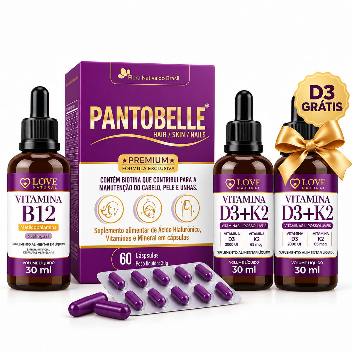Combo Cabelo Saudável (nutrientes essenciais) - GANHE 1 VITAMINA D3 - Frete Grátis