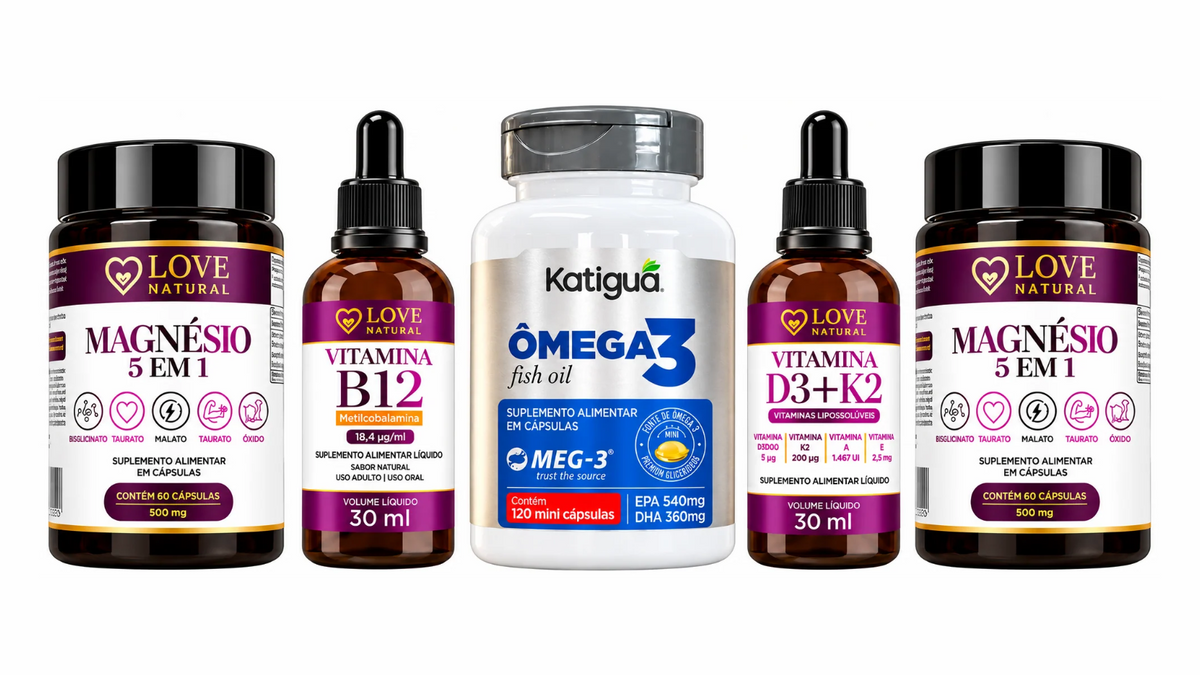 Combo Saúde 40+: 2 Magnésio 5 em 1, Vitamina B12, Ômega 3 Katiguá MEG-3 e Vitamina D3 + K2