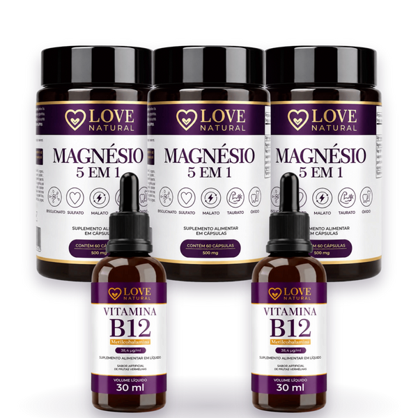 Combo SONO PROFUNDO - com 5 produtos (3x Magnésio e 2x B12 Grátis)- 90 dias de Magnésio