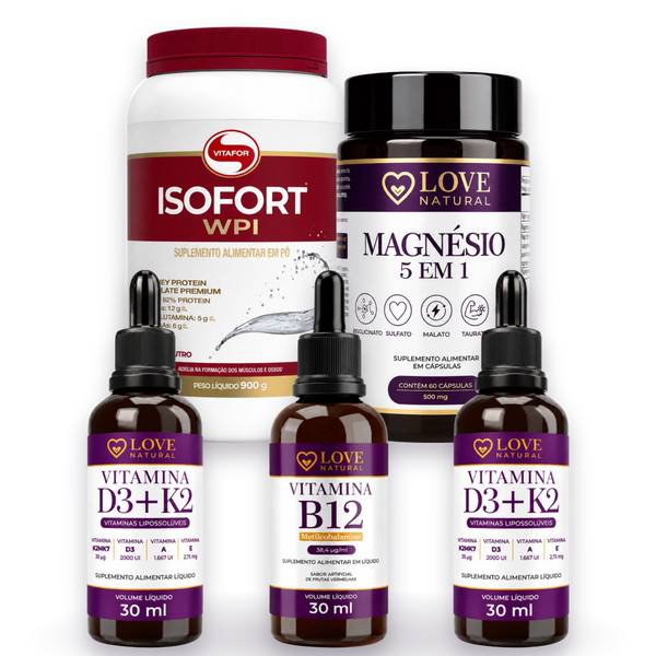 Combo Vitalidade – Whey Isolado + Magnésio 5 em 1 + Vitamina B12 + Vitamina D3 GRÁTIS